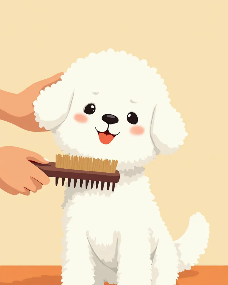 슬리커 브러시로 비숑 털을 부드럽게 빗는 모습