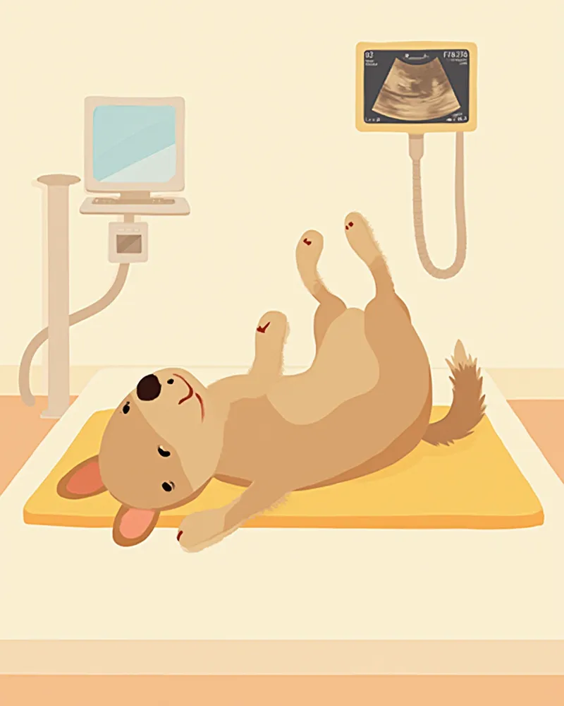 복부 초음파를 받는 강아지