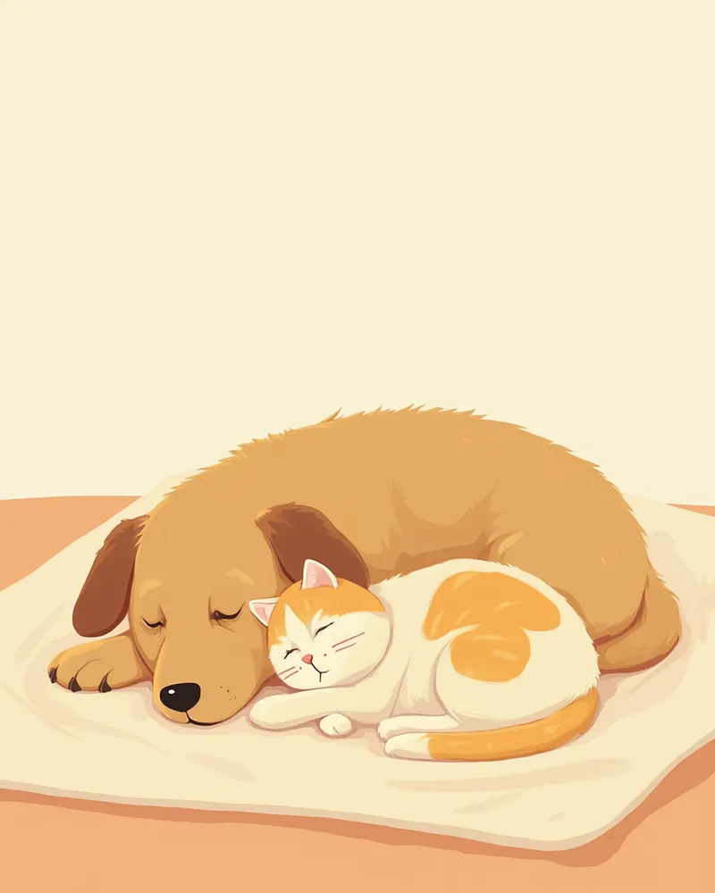 편안히 쉬고 있는 노령 강아지와 고양이