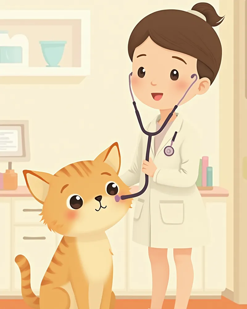 수의사가 버만 고양이의 심장을 청진하는 모습