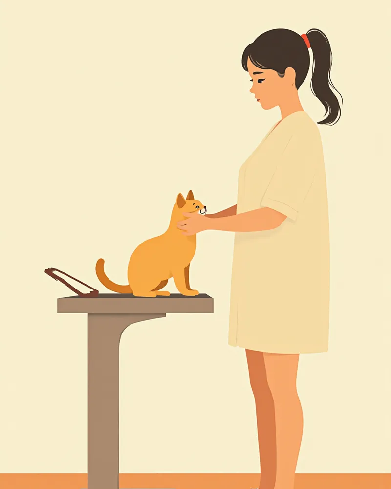 버만 고양이가 동물병원에서 체중을 재는 모습