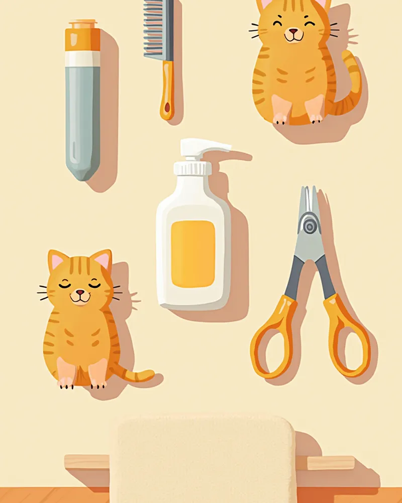 원목 위에 정리된 슬리커 브러시·스틸 콤·발톱깎이·고양이 샴푸