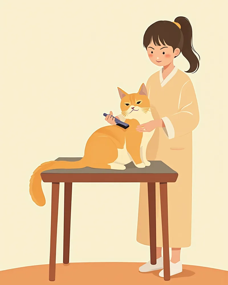 보호자가 버만의 피부를 잡고 슬리커 브러시로 부드럽게 빗질하는 모습