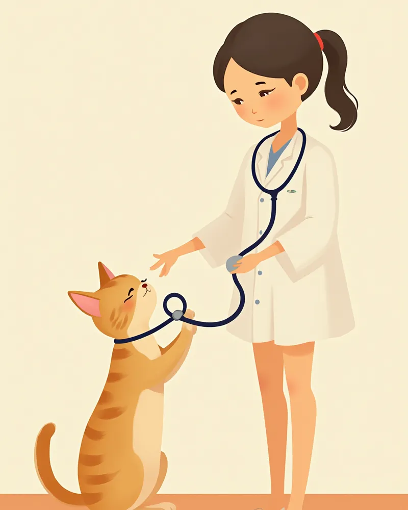 동물병원에서 청진기로 버만 고양이의 심박을 확인하는 수의사