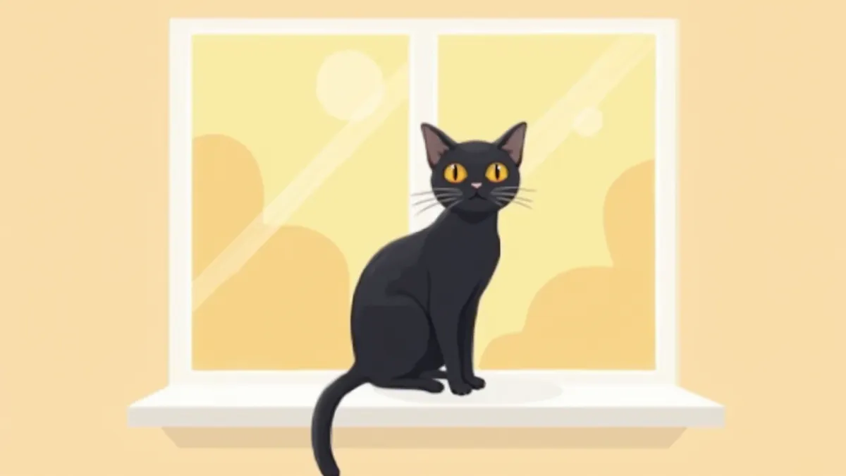 창가에 우아하게 앉아 있는 금색 눈의 검정 고양이