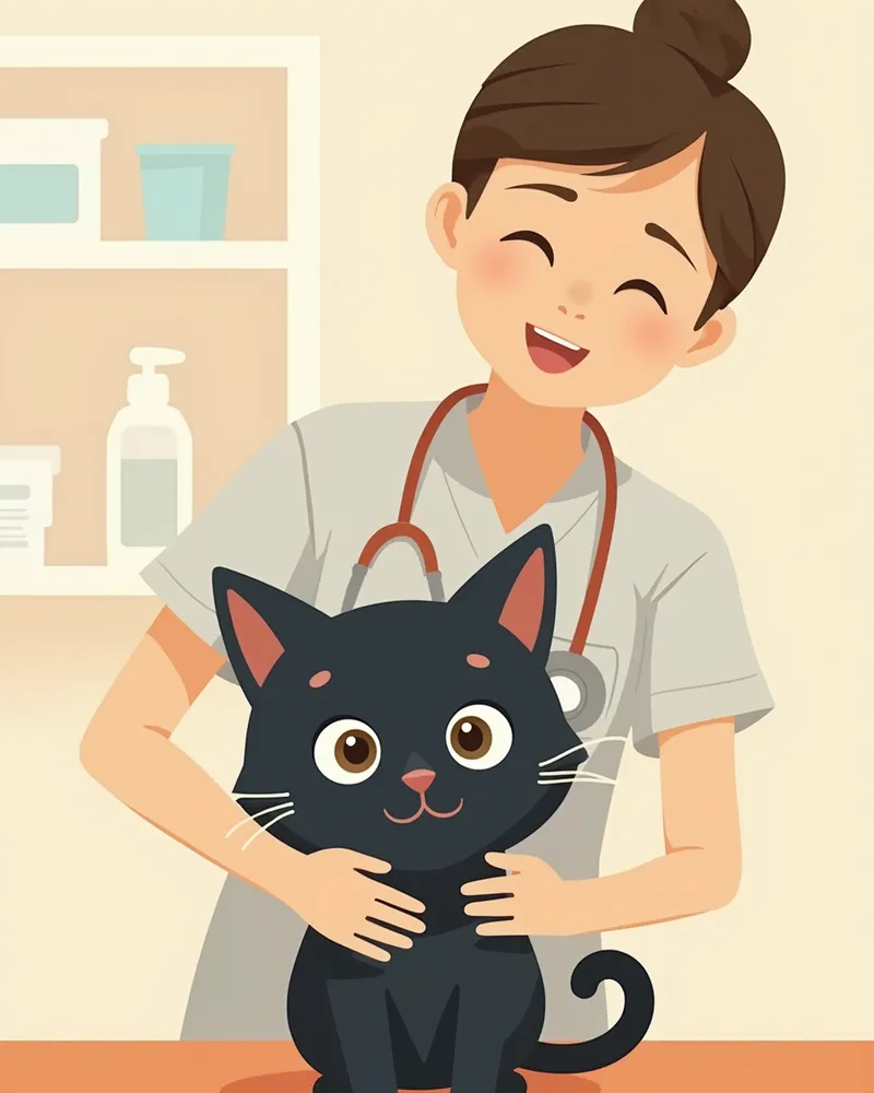 동물병원에서 건강 검진을 받고 있는 검정 고양이