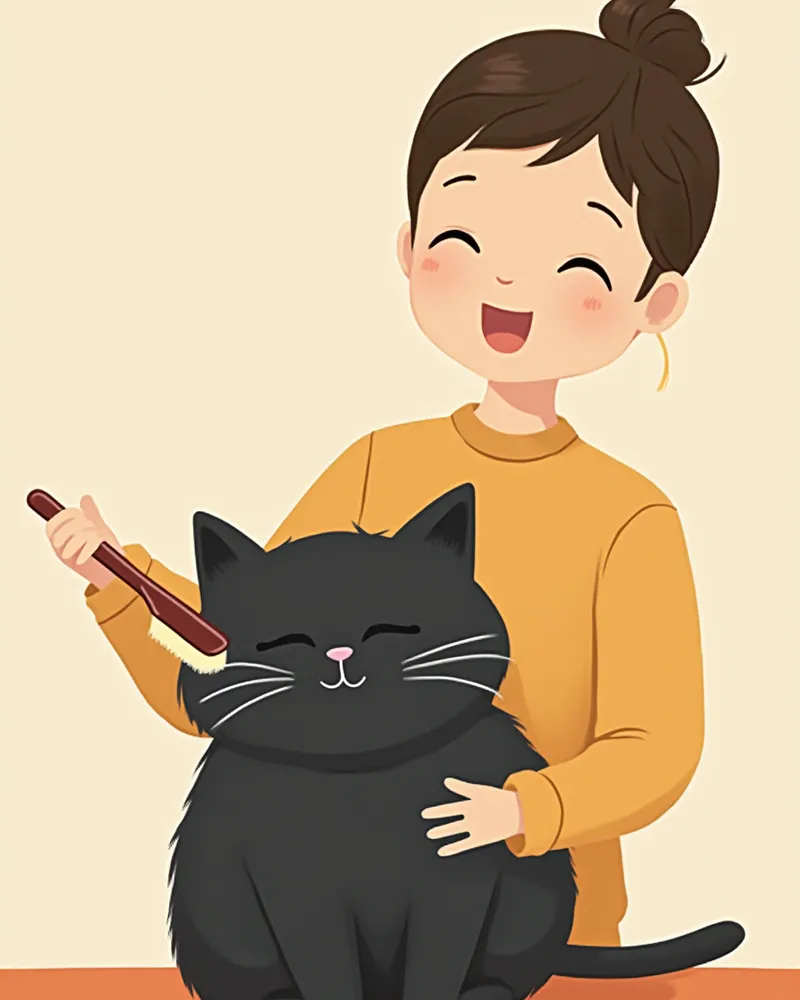 보호자가 빗질해 주는 윤기 나는 검정 고양이