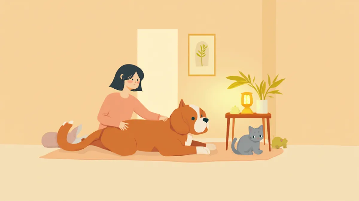 정전된 집에서 보호자가 반려동물 상태를 살피는 모습