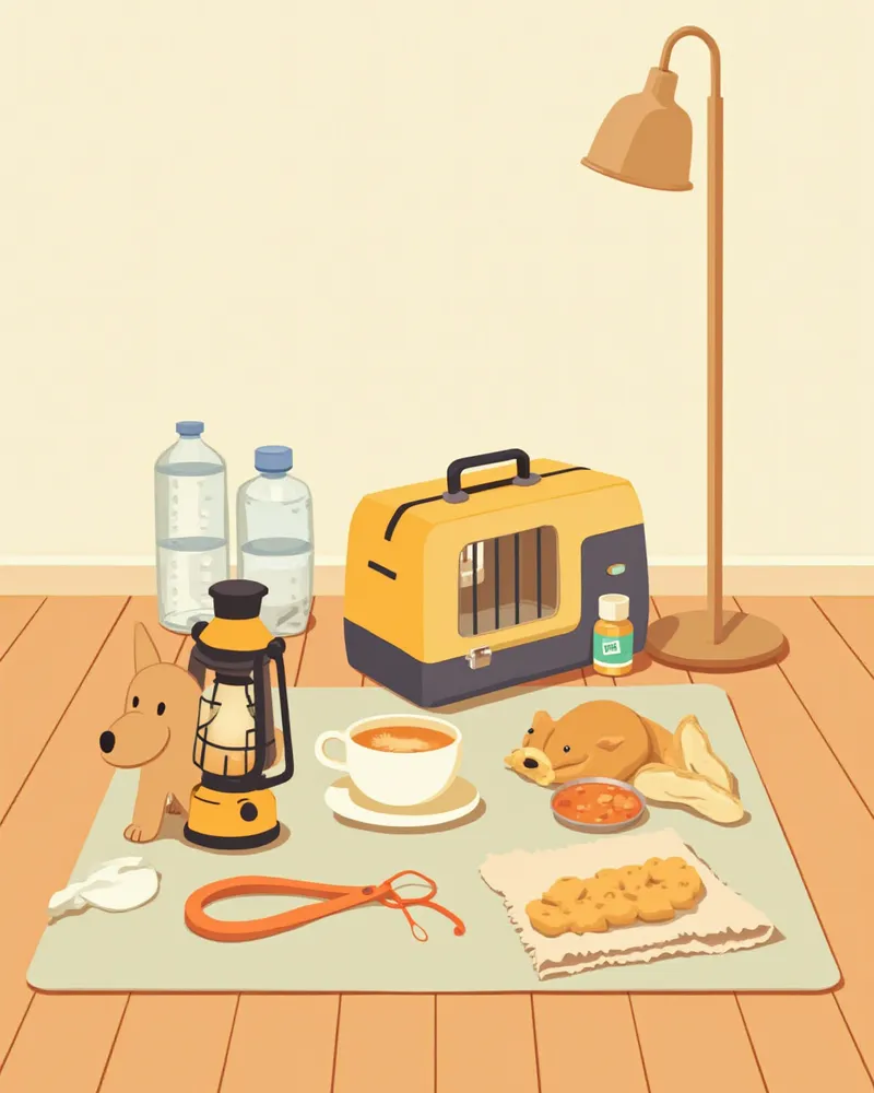 반려동물용 비상 키트 구성품을 정리한 모습