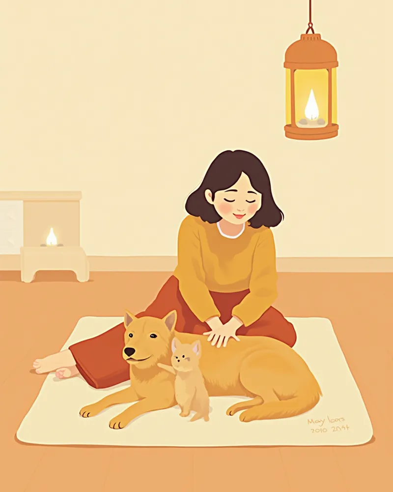 정전 중 보호자가 강아지와 고양이를 쓰다듬으며 안정시키는 모습