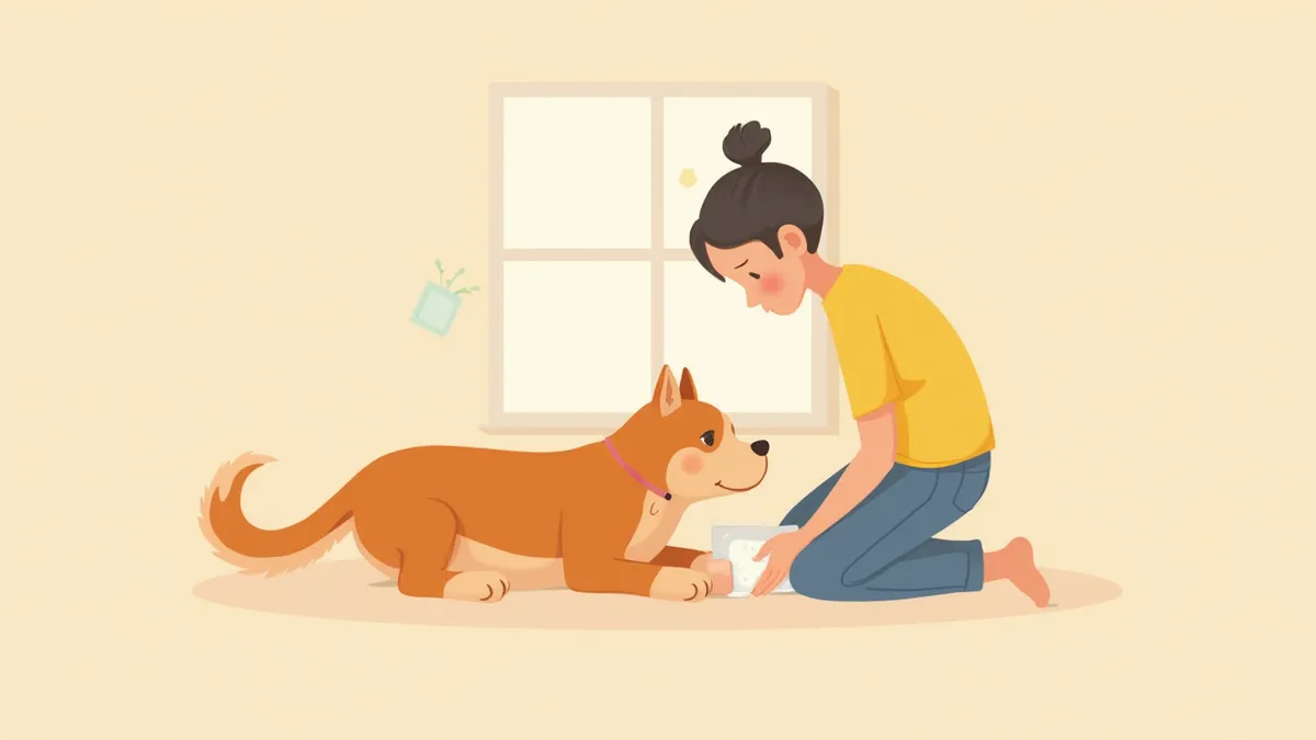 강아지 다리 상처에 거즈를 대고 압박 지혈 중인 보호자