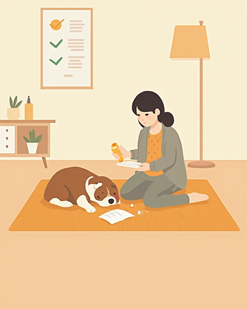 응급처치 순서에 따라 강아지를 살피는 보호자