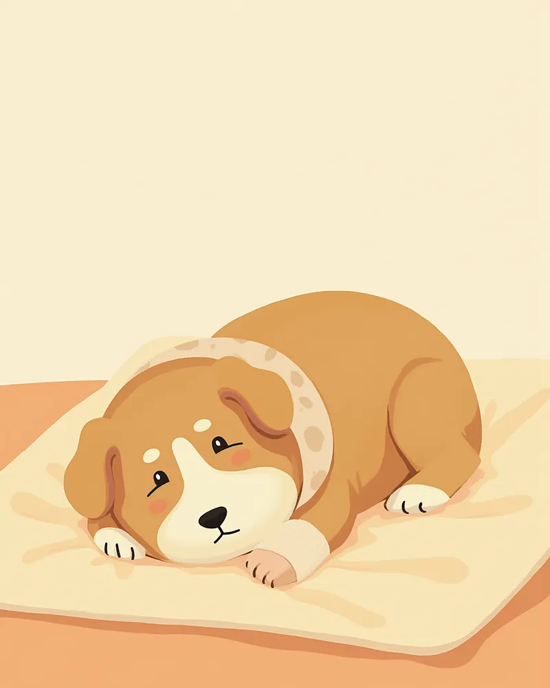 넥카라를 쓰고 붕대 감은 발로 쉬고 있는 강아지