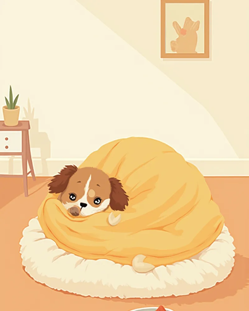 따뜻한 담요를 덮고 집에서 회복 중인 강아지