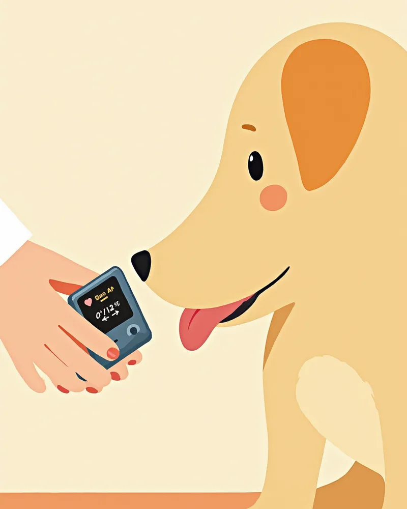 강아지 혀에 집게형 펄스옥시미터가 부착된 클로즈업 일러스트