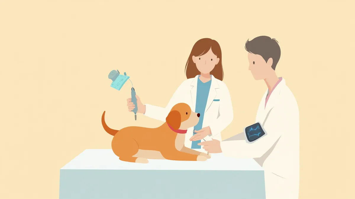 수의사가 강아지 앞발에 도플러 탐촉자를 대고 혈압을 측정하는 모습
