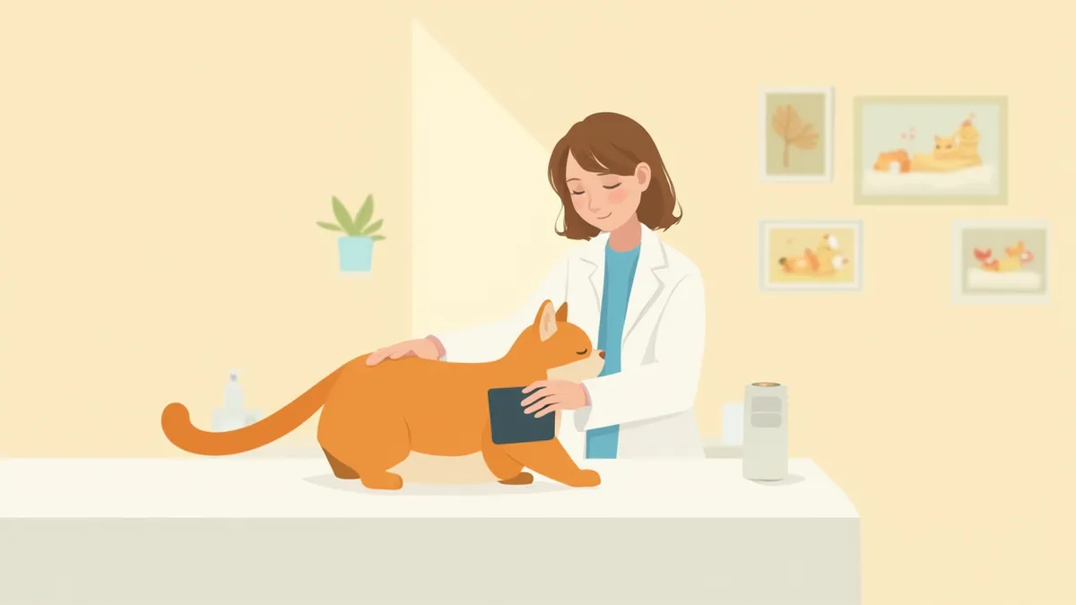 진료실에서 고양이의 꼬리에 혈압 커프를 감고 측정하는 수의사