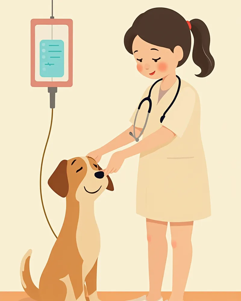 수액을 맞고 있는 강아지의 잇몸 재충만 시간을 확인하는 수의사
