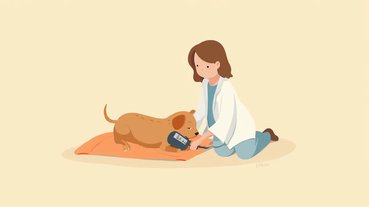 수의사가 작은 강아지의 앞다리에 혈압 커프를 감고 도플러로 측정하는 모습