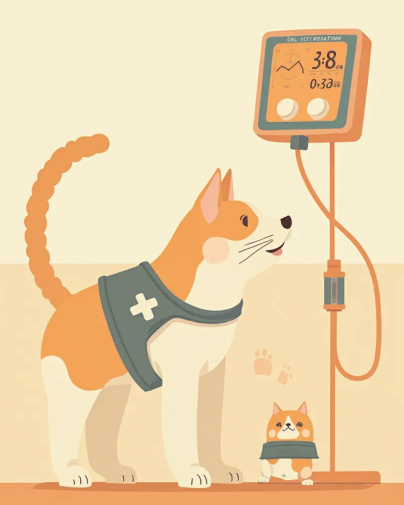 도플러 장비와 혈압 모니터로 고양이 혈압을 측정하는 장면