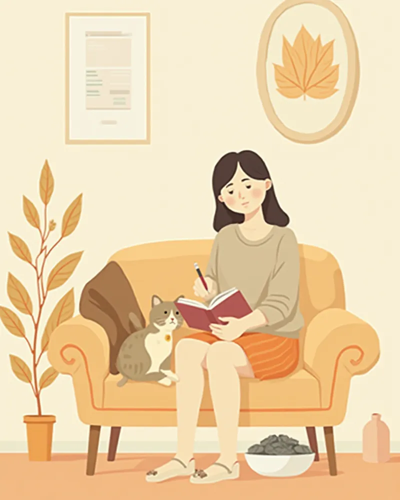 집에서 고양이 물 섭취량과 건강 상태를 노트에 기록하는 보호자