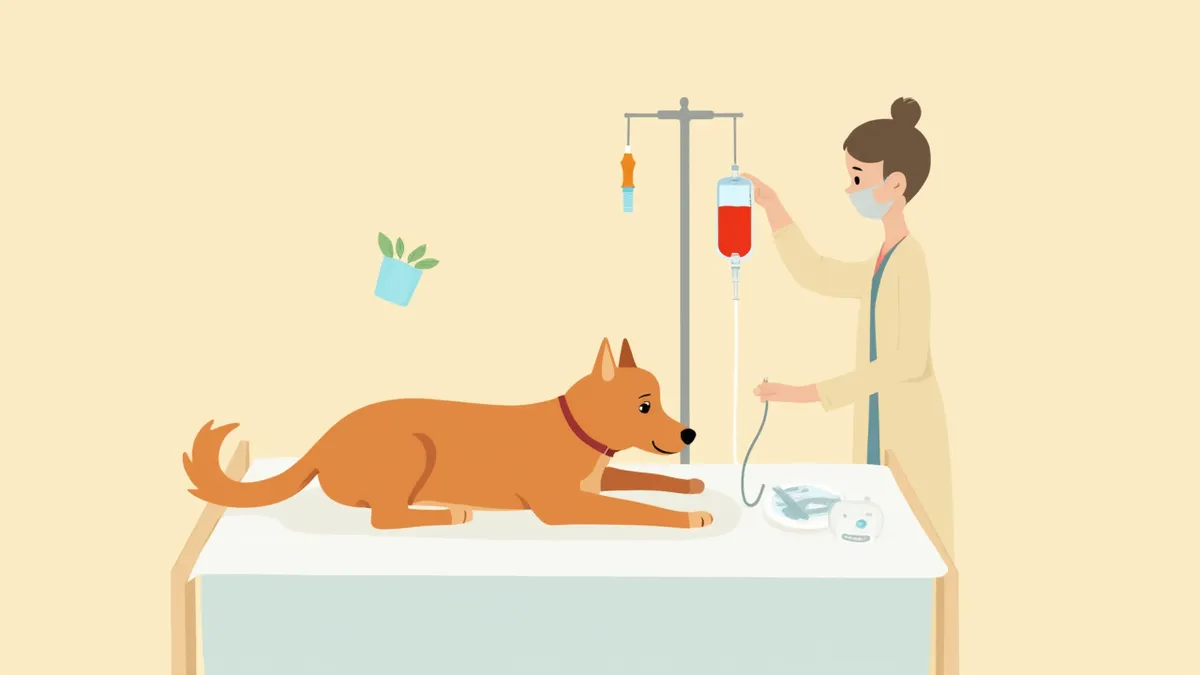 강아지에게 수혈 준비를 하고 있는 수의사의 모습