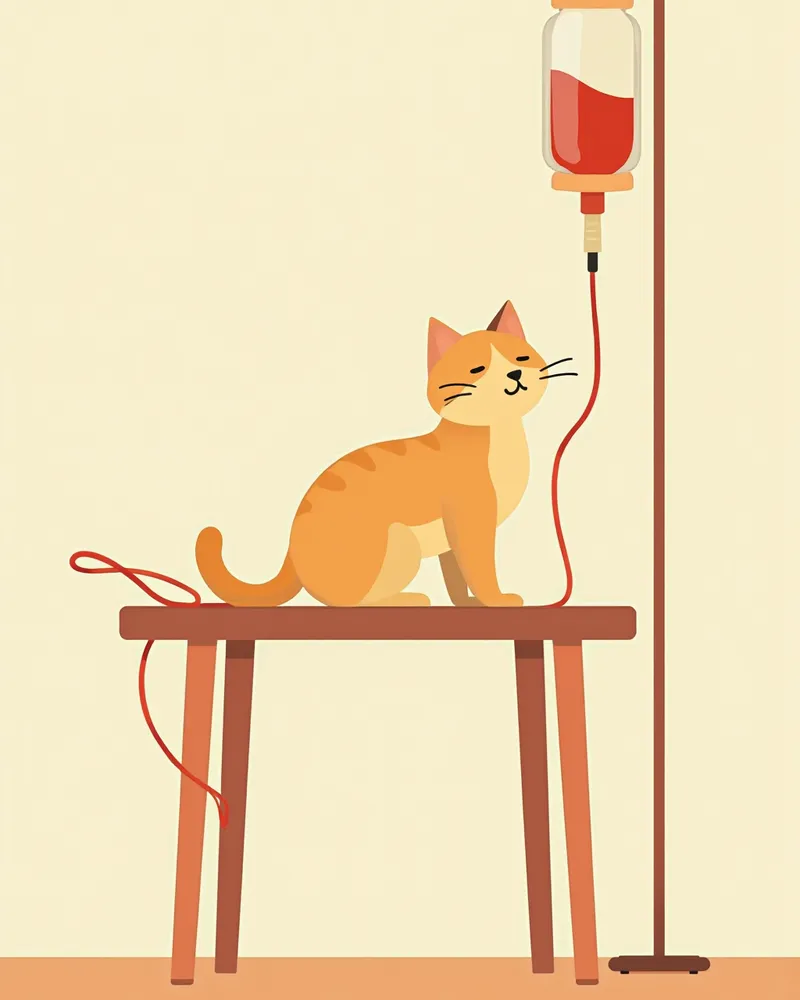 고양이에게 수혈이 진행되고 있는 모습의 근접 촬영