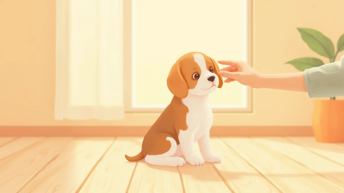 보호자가 강아지 귀를 부드럽게 만져주는 보디핸들링 훈련 장면