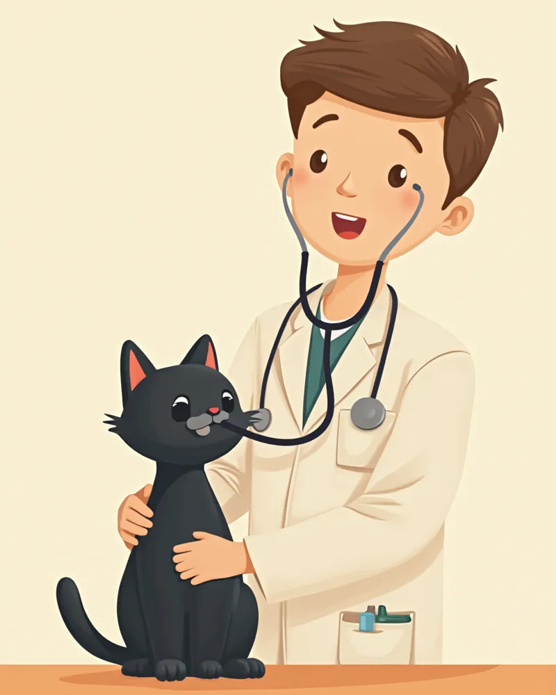 동물병원에서 청진기로 검사받는 검은 고양이