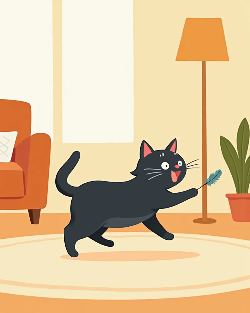 거실에서 장난감을 가지고 노는 봄베이 고양이