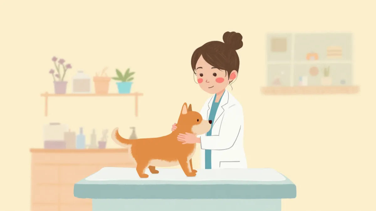 수의사가 강아지를 진정시키며 검사를 준비하는 모습