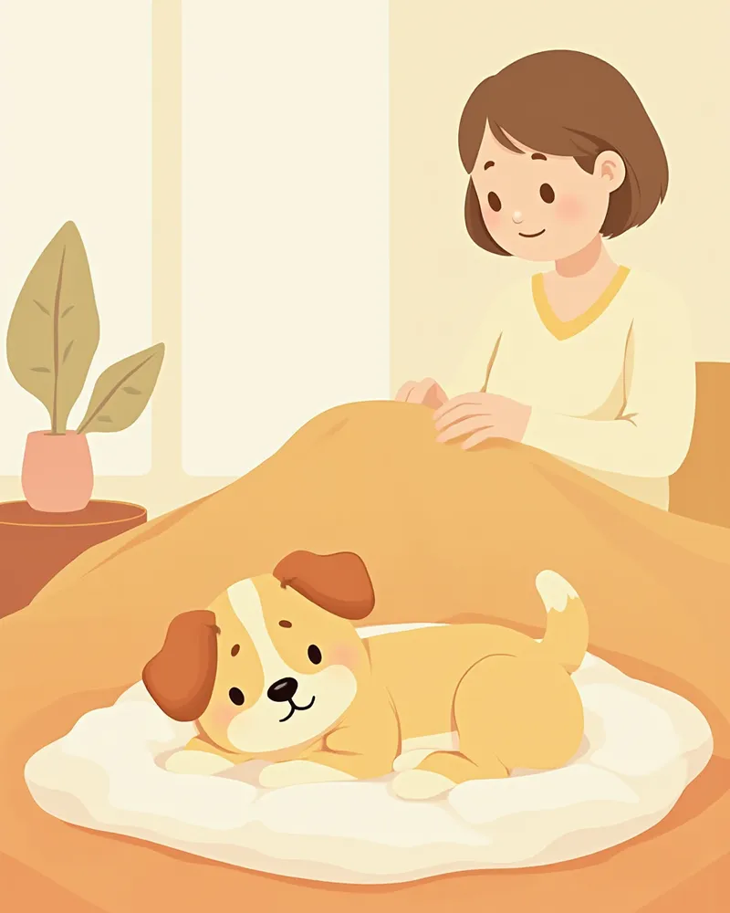 검사 후 집에서 편안히 쉬는 강아지