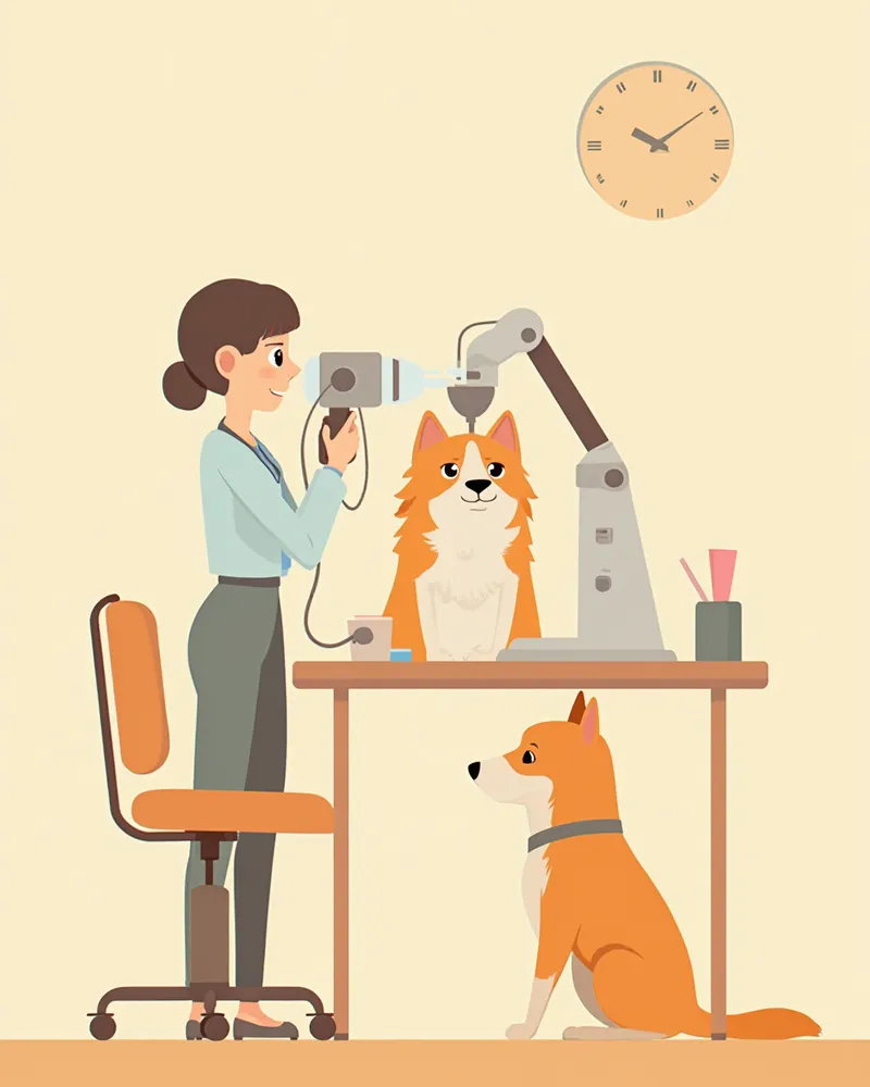 슬릿램프로 안저 검사를 받는 보더콜리