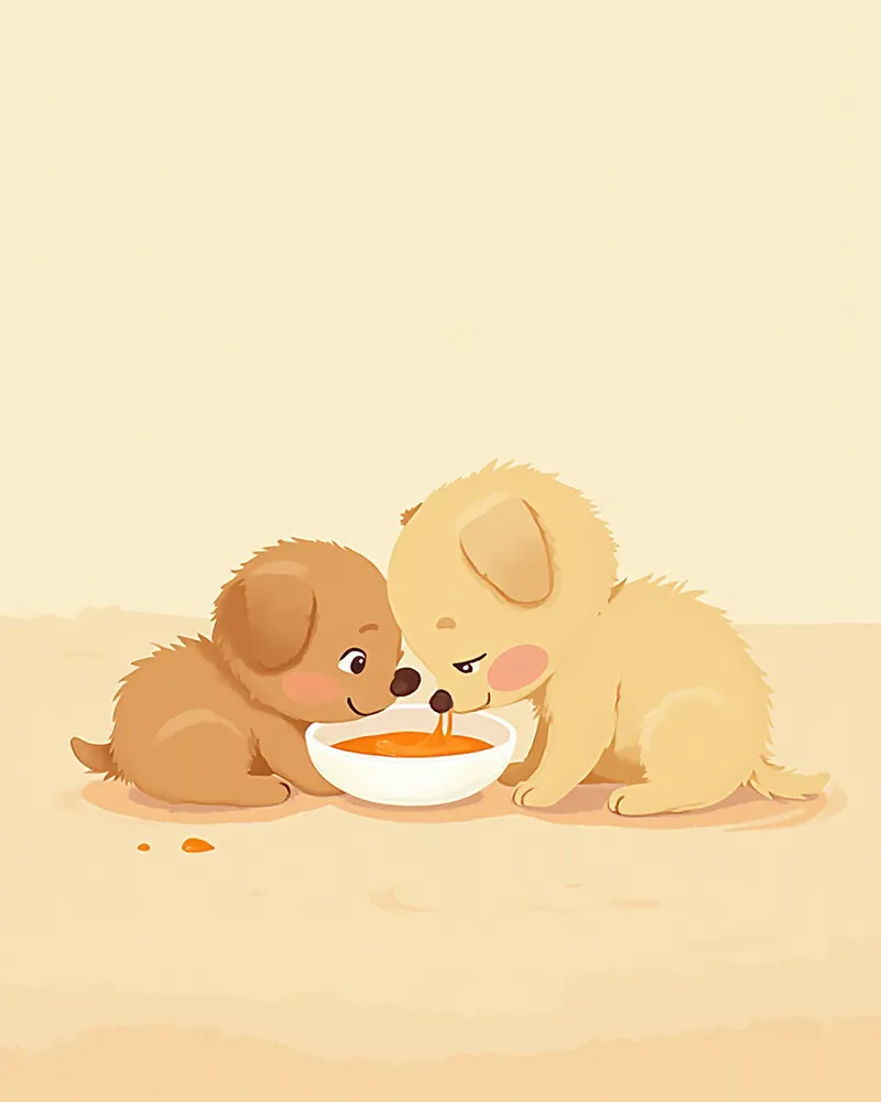 얕은 접시에 담긴 이유식을 핥아 먹는 생후 3주 강아지와 고양이