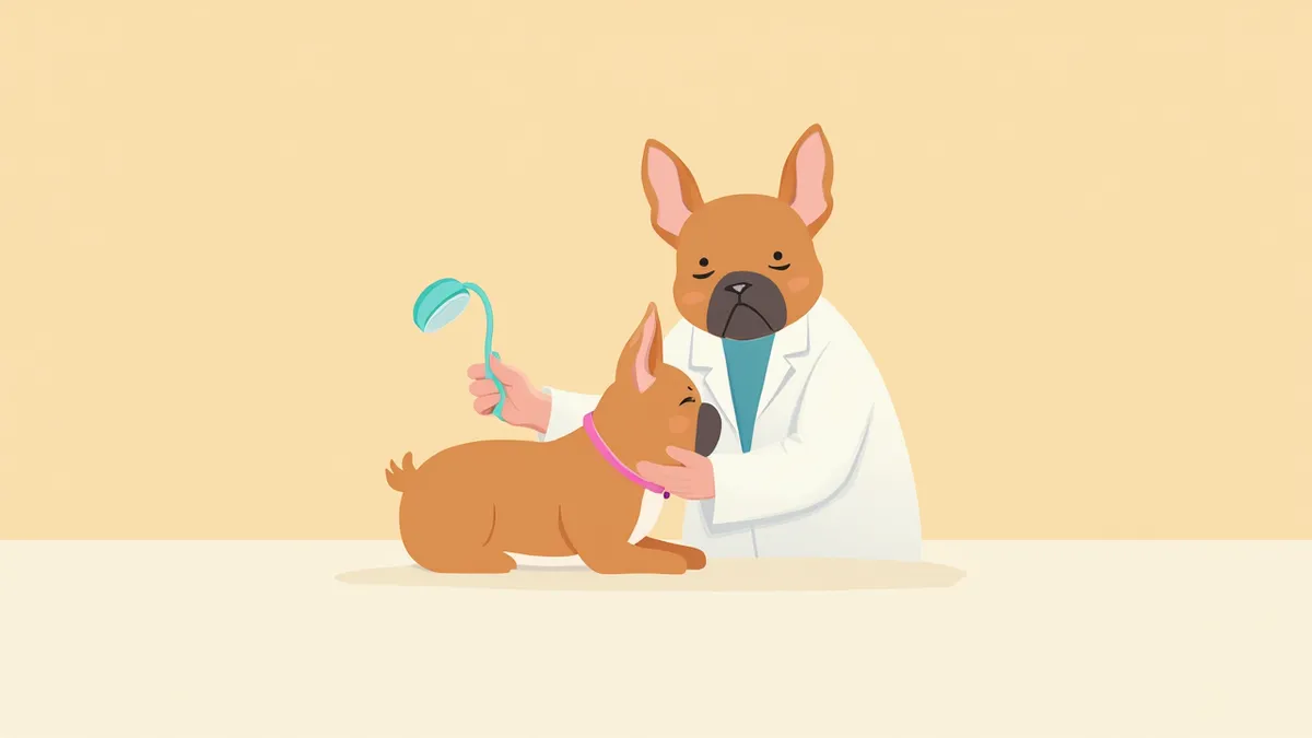 수의사에게 호흡 검진을 받는 단두종 강아지