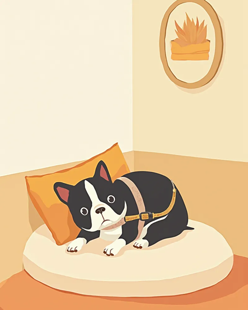 하네스를 찬 채 회복하는 보스턴 테리어