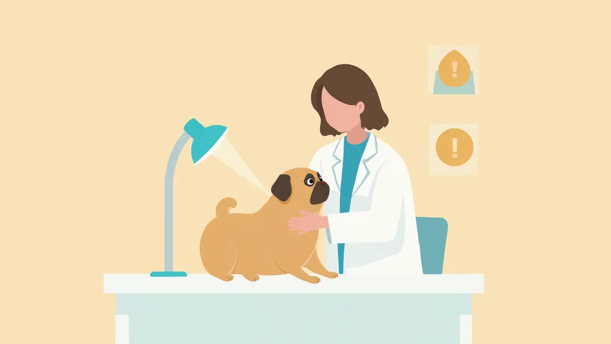 수의사에게 기도 검사를 받는 퍼그