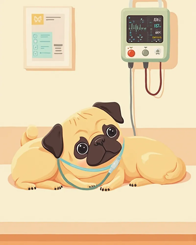 마취 모니터와 산소 공급을 받는 퍼그