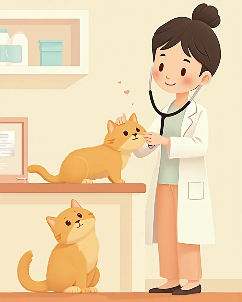 동물병원에서 청진기로 심장 검사를 받고 있는 브리티시 롱헤어 고양이