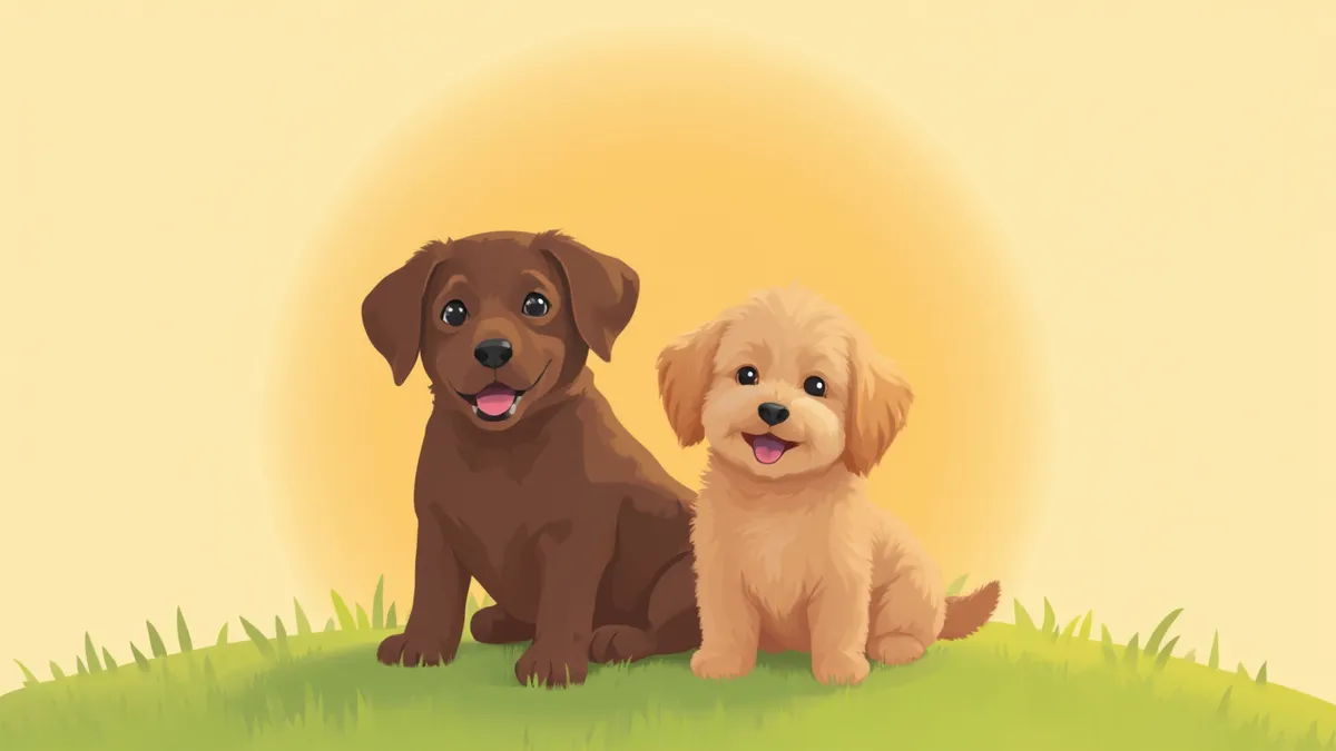 초콜릿 래브라도 리트리버 강아지와 브라운 토이푸들이 잔디 위에 나란히 앉아 있는 모습