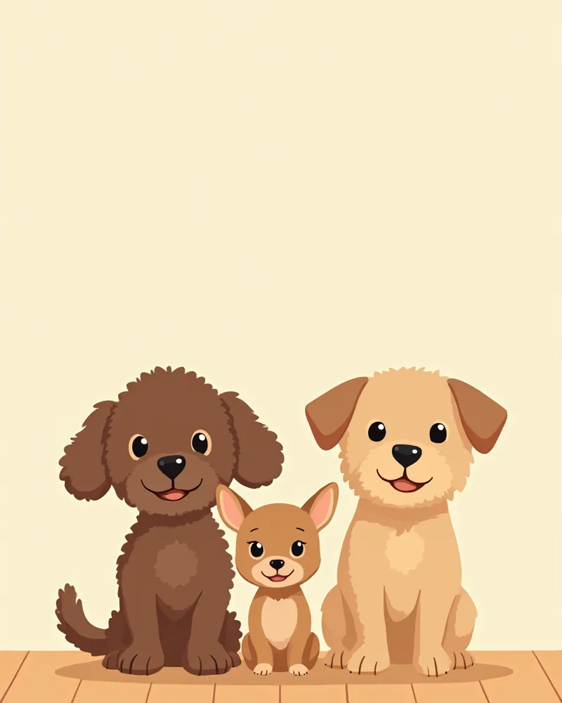 브라운 토이푸들, 초콜릿 닥스훈트, 초콜릿 치와와, 초콜릿 포메라니안이 나란히 앉아 있는 모습