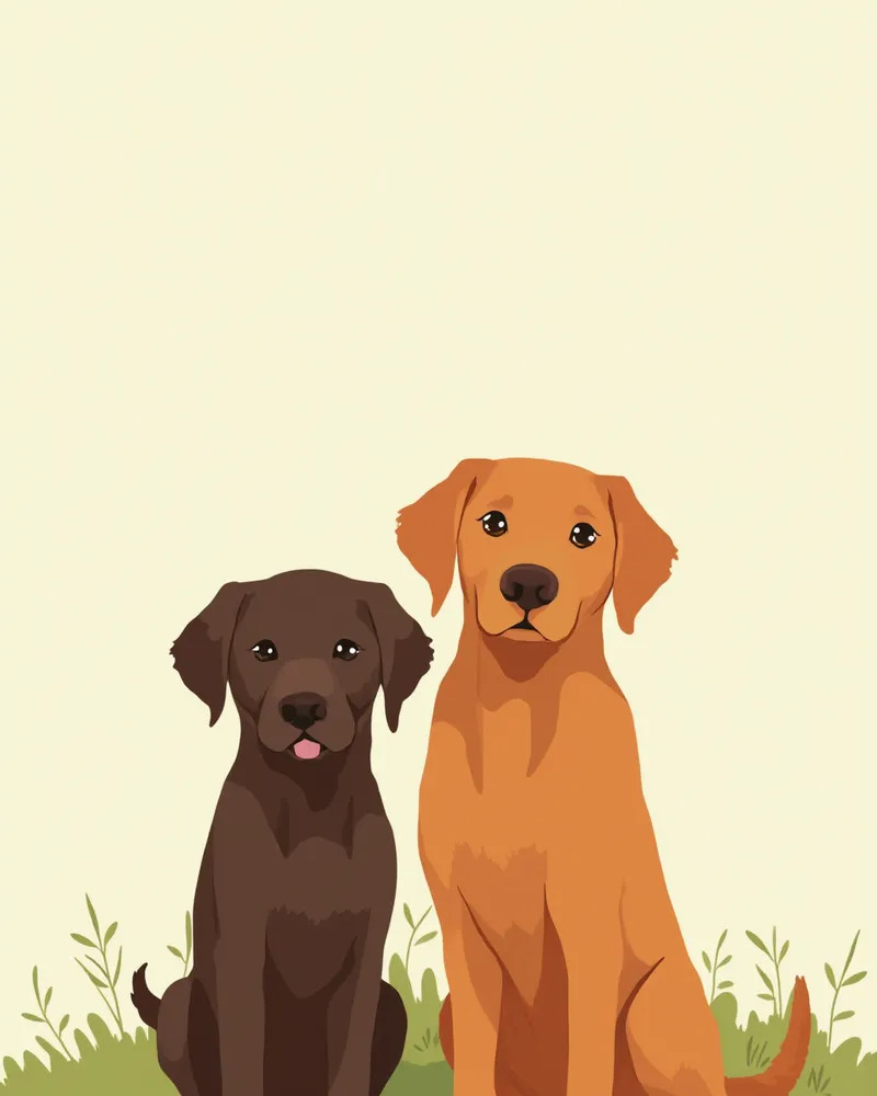 초콜릿 래브라도 리트리버와 마호가니색 아이리시 세터가 초원에서 함께 서 있는 모습