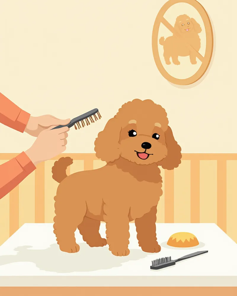 브라운 토이푸들이 보호자의 손에 브러싱을 받고 있는 모습
