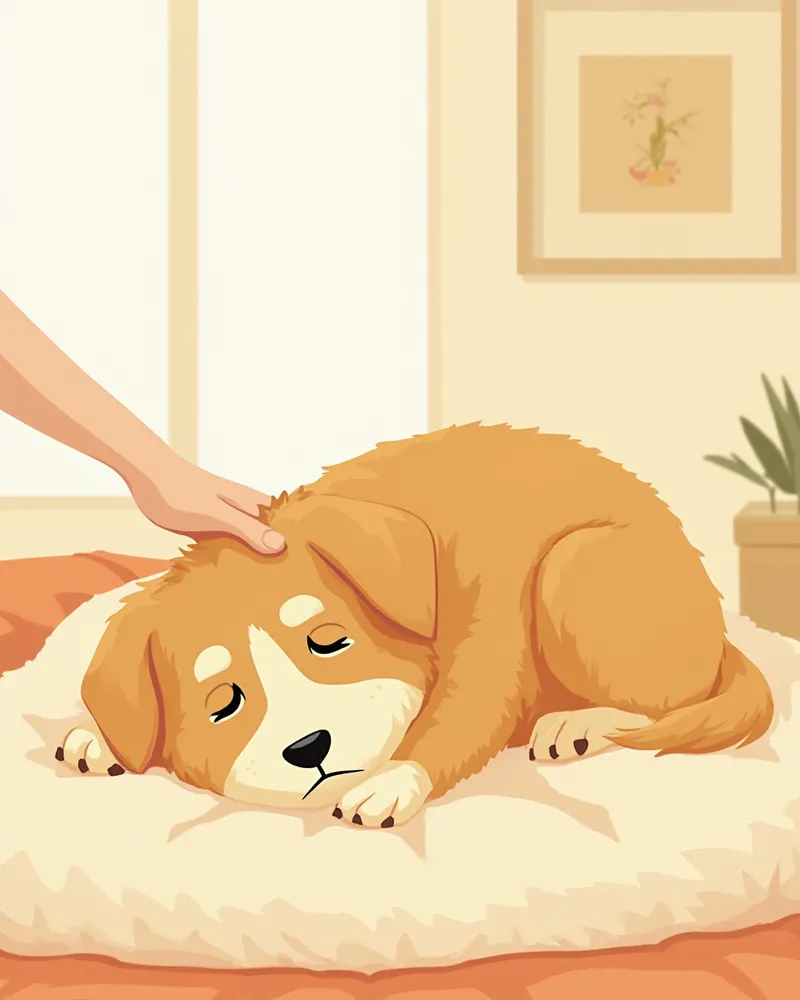 지쳐 보이는 강아지를 보호자가 쓰다듬는 모습