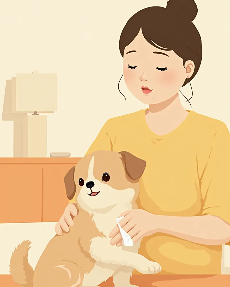 멸균 거즈로 강아지 다리 화상 부위를 덮는 응급처치 모습