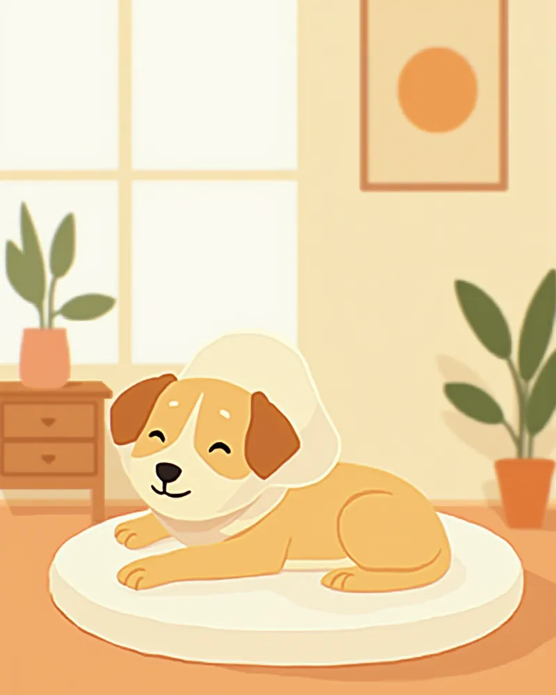 넥카라를 착용하고 쿠션 위에서 쉬고 있는 회복기 강아지