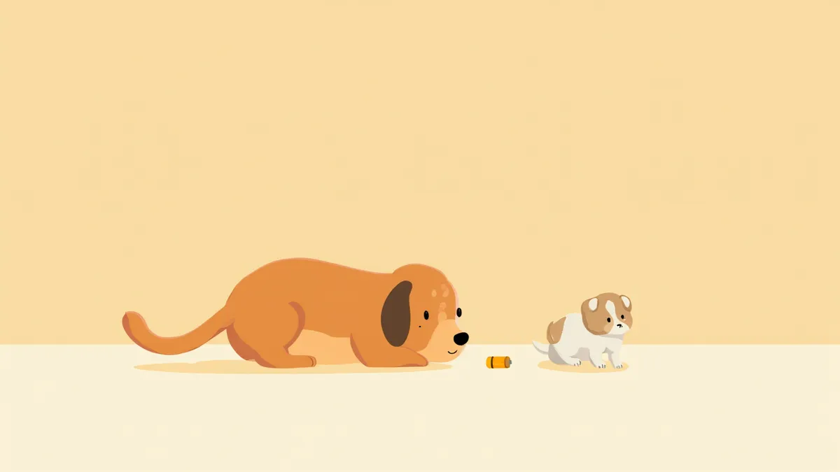 바닥에 떨어진 단추형 전지를 발견한 보호자와 호기심 많은 강아지