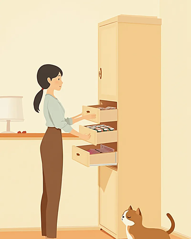 서랍에 단추 전지를 안전하게 보관하는 보호자와 고양이