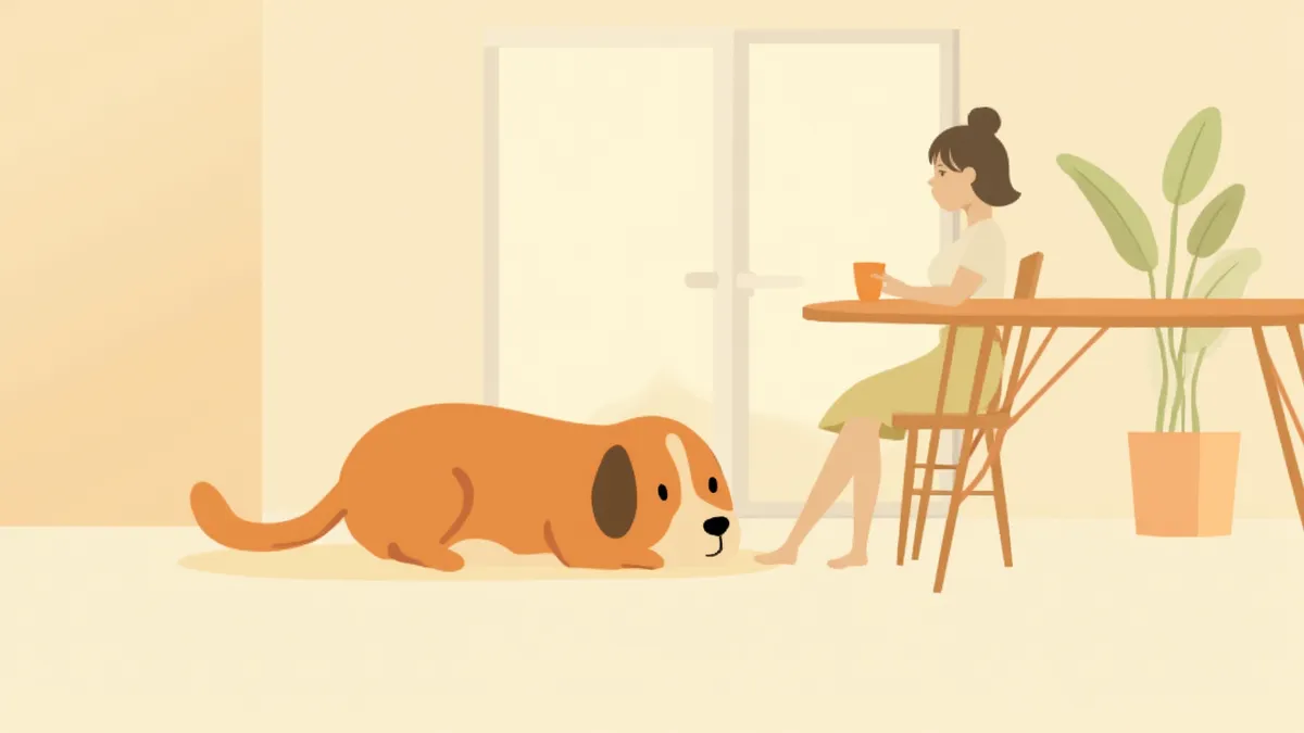 카페에서 엎드려 기다리는 훈련된 강아지