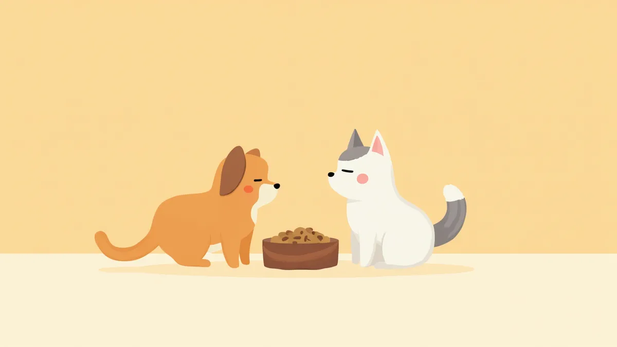 건강한 강아지와 고양이가 사료 그릇을 바라보는 모습